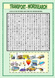 English Worksheet: TRANSPORT - WORDSEARCH + KEY