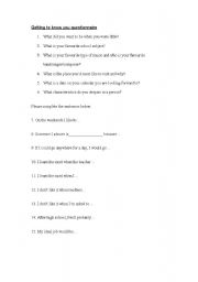 English worksheet: Getting to know you questionnaire