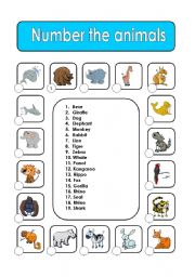 English Worksheet: Number the animals. (Match)