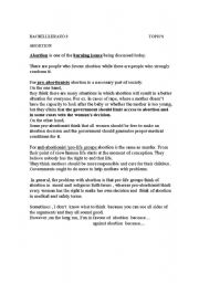 English Worksheet: SOME IDEAS TO WRITE AN ESSAY  ON ABORTION DEBATE