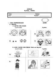 English worksheet: hobbies. science evaluation  parts of the body