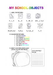 English Worksheet: MY SCHOOL OBJECTS
