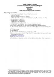 English Worksheet: Trinity Grade 1: Questions. Graded Examinations in Spoken English 