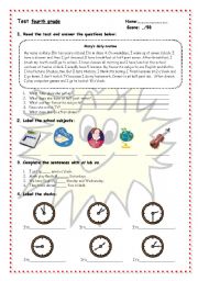 Test- fourth grade: present simple/ time/ school subjects/days of the week