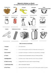 English Worksheet: Material Lifetime on  Earth