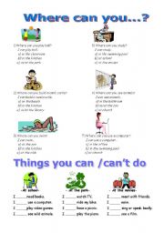 English Worksheet: Where can you...? What can you...?  -2 pages practicing BUILDINGS and PLACES, ACTIONS and CAN. 