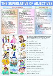 English Worksheet: THE SUPERLATIVE OF ADJECTIVES (TWO PAGES)