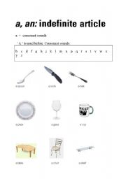 English worksheet: Indefinite article:a/an