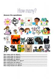 English Worksheet: How many? Answer the questions. Use there to be and numbers.