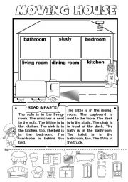 English Worksheet: Moving House - rooms and furniture + prep.