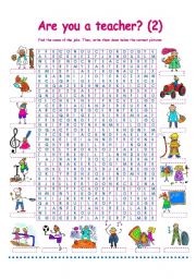 English Worksheet: ARE YOU ATEACHER? PART 2- JOBS WORDSEARCH!