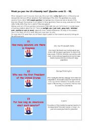 English Worksheet:  **   Would you pass the US citizenship test?   **   THE MOST IMPORTANT FACTS ABOUT THE USA  **   (Question cards 21  30) 