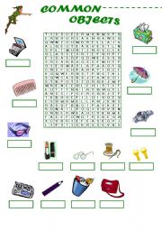 English worksheet: Common Objects Word-Search