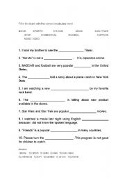 English worksheet: TV words for everyday conversation Fill In The Blank Worksheet