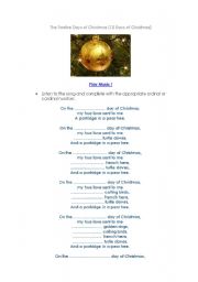 English worksheet: The Twelve Days of Christmas. Ordinal and Cardinal Numbers