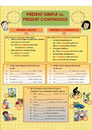English Worksheet: Present Simple vs Present Continuous Review (2 pages)