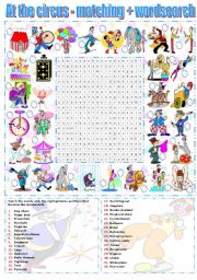 English Worksheet: AT THE CIRCUS - MATCHING EXERCISE + WORDSEARCH