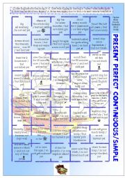 English Worksheet: Present Perfect Continuous + Simple BOARDGAME (40 examples, + bw PRINTER FRIENDLY, EDITABLE) ((3 PAGES)) - B1 level