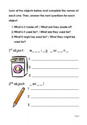English worksheet: Objects, materials and uses (1/3)