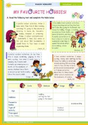 English Worksheet: The 1st 45-minute-lesson (of 2) on the topic My Favourite Hobbies -- Reading Comprehension for Upper Elementary and Lower intermediate students