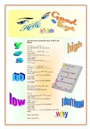 English Worksheet: Hello - Goodbye by The Beatles: one of the easiest songs for the first class (editable)