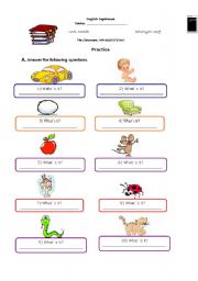 English Worksheet: Classroom Objects: Wh-QUESTIONS