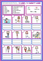 English Worksheet: I like / I dont like -ing (for girls)