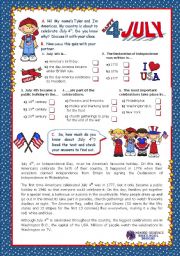 English Worksheet: July 4th - Happy Birthday America - Quiz + Reading comprehension for Elementary and Lower intermediate students