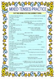English Worksheet: Mixed tenses practice - 27 sentences to complete