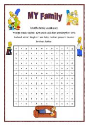 English Worksheet: Family wordsearch - with key