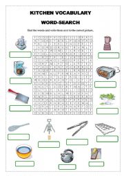 English Worksheet: Kitchen Vocabulary Word-Search - 2 pages + Answer Key ! 
