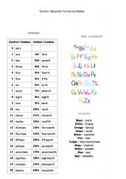 English Worksheet: Numbers, alphabet and colours 