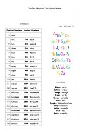 English worksheet: Numbers, alphabet and colours 