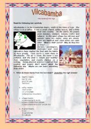 English worksheet: Vilcabamba: The Secret of old age - 2 pages