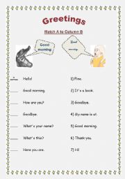 English worksheet: Match A to Column B : Greetings 