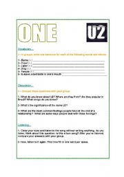 English Worksheet: U2 - One / worksheet song class