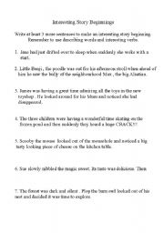 English worksheet: Writingi nteresting beginnings for stories