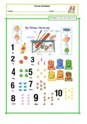 English Worksheet: Picture Dictionary - Colours, Numbers and Classroom