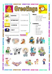 English Worksheet: GREETINGS  ( during the day): 2 pages 