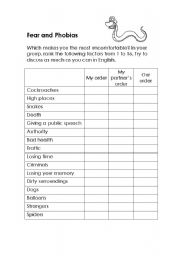 English Worksheet: Fear and phobias ranking activity