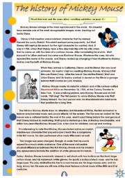 English Worksheet:  THE HISTORY OF MICKEY MOUSE - READING + SOME AFTER-READING ACTIVITIES (2pages)