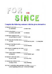 English Worksheet: FOR OR SINCE