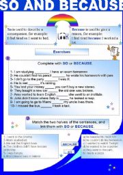 English Worksheet: SO AND BECAUSE