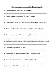English Worksheet: Turn the following sentences into Indirect Speech