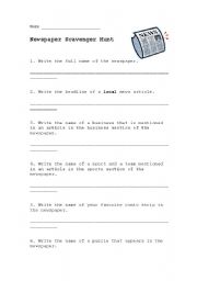 English Worksheet: Newspaper Scavenger Hunt