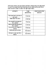 English worksheet: Data handling - heart rate activity table