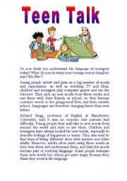 English Worksheet: Tenn talk reading comprehension