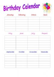 English Worksheet: Birthday Calendar