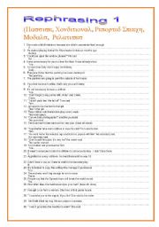 English Worksheet: Rephrasin 1  ( pasive, conditionals, reported speech, modals, relatives)