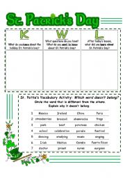 St. Patricks Day:  KWL Learning strategy & Vocabulary exercise [2 pages, key inlcuded)